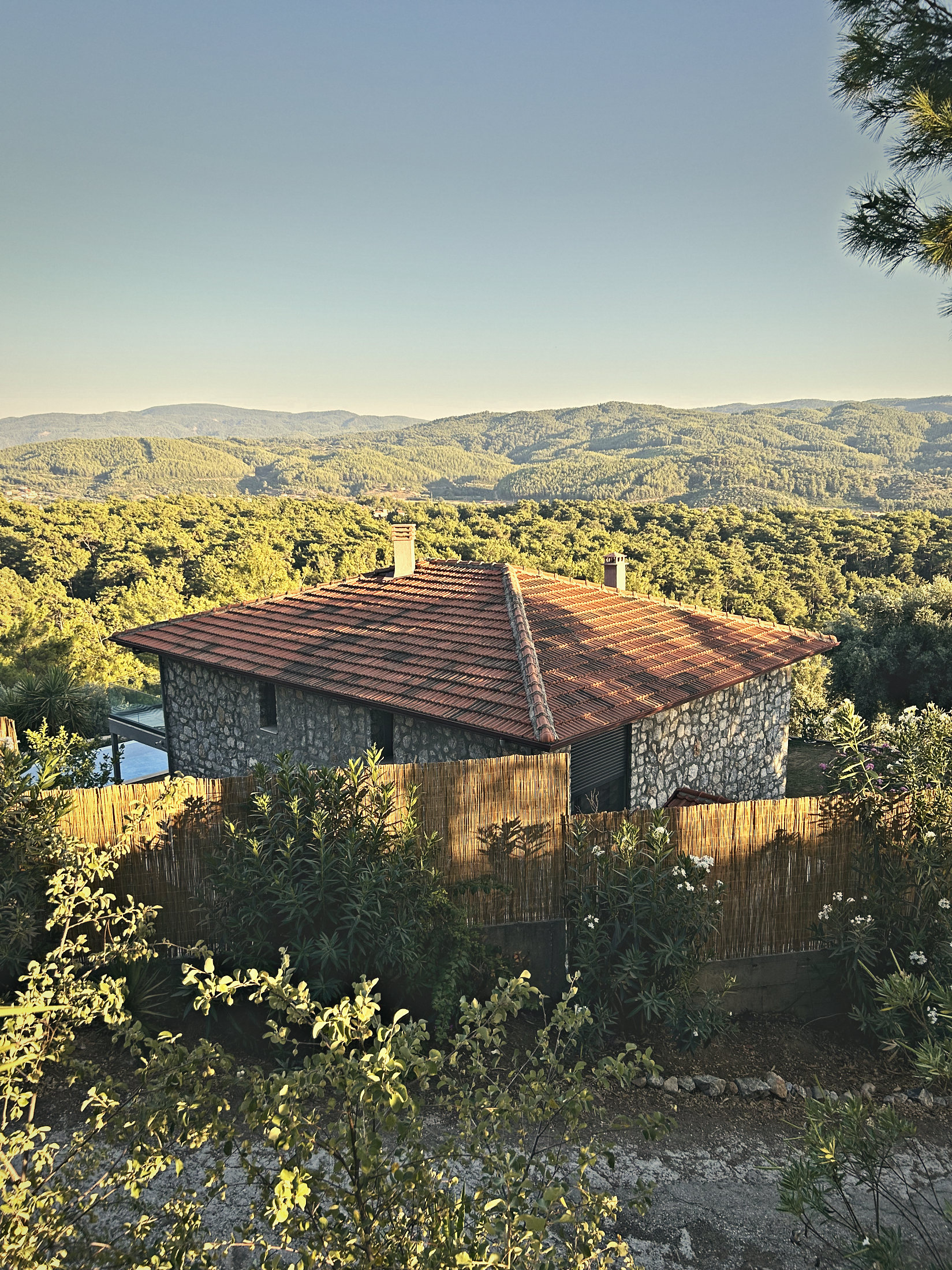 The terracotta roof and stone walls of the house in morning light, pine-covered hills beyond